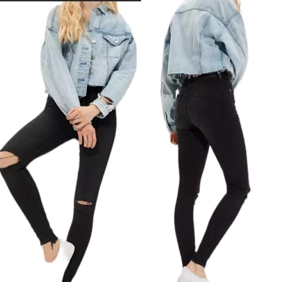 American Eagle Womens Black Wash Distressed Raw Hem Hi-Rise Jegging Jeans Sz 2P - Picture 1 of 12
